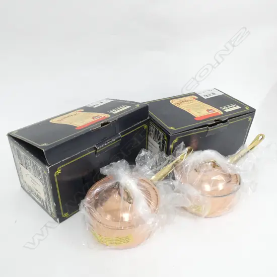 PR SKS DESIGN SM COPPER SAUCEPANS & LIDS - IN ORIGINAL BOXES DIA. 130MM