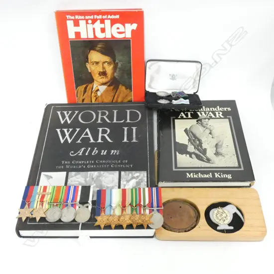 COLLECTION OF WAR MEDALS ETC + 3 WAR BOOKS