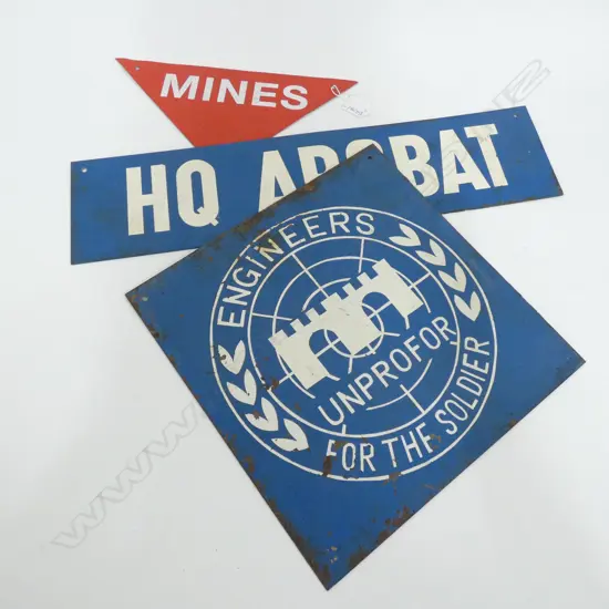 3 VINTAGE ENAMEL SIGNS; 'HQ ARGBAT', 'MINES' & 'ENGINEERS FOR THE SOLDIER' 300mm sq