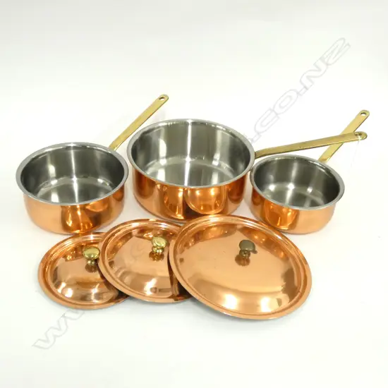 SET 3 SWISS COPPER CULINOX SAUCEPANS WITH LIDS. LARGEST DIA 220MM