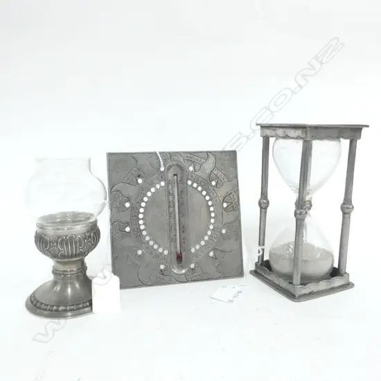3 OLD PEWTER PCS; HOUR GLASS (H. 165MM)  TEA LIGHT (H. 130MM) & DATE/THERMOMETER STAND