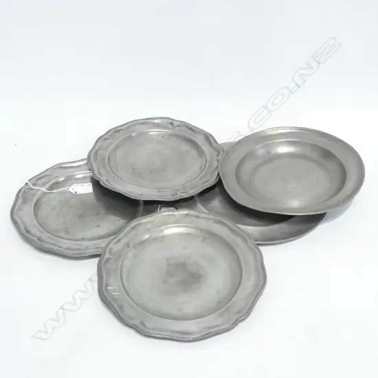 FIVE OLD EUROPEAN PEWTER PLATES LARGEST 260mm