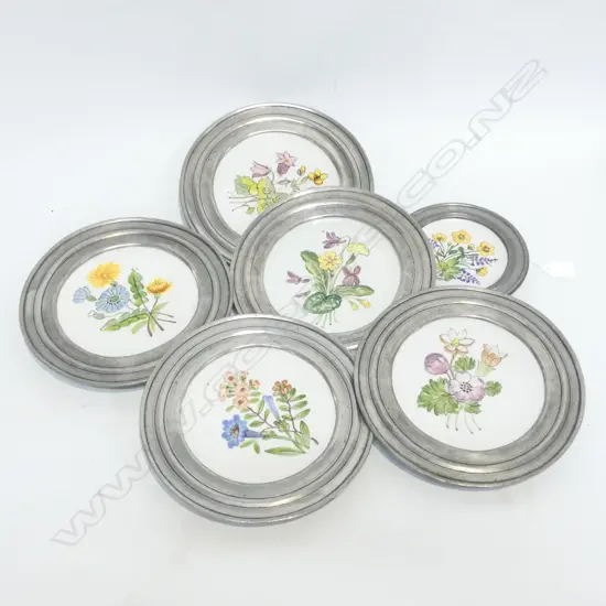 6 BASSANO HAND PAINTED WALL PLATES WITH PEWTER FRAMES 5 X DIA 230MM 1 X 160MM
