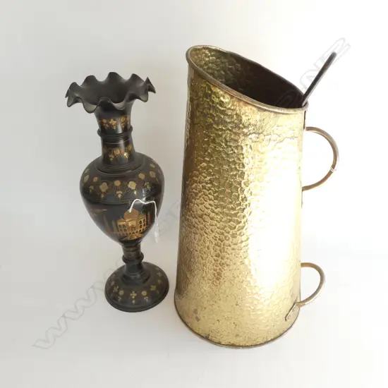 ETCHED INDIAN METAL VASE + TALL BRASS COALS BUCKET H.500mm
