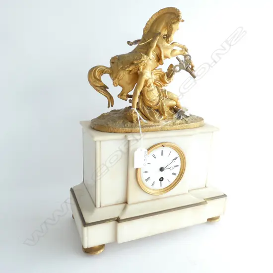 19THC FRENCH GILT & MARBLE MANTLE CLOCK HORSE+WOMAN
