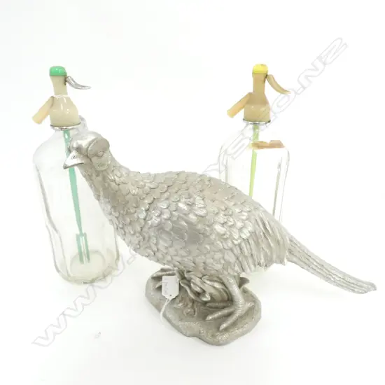 SILVER RESIN PHEASANT L.400mm + 2 VINTAGE SODA SYPHONS