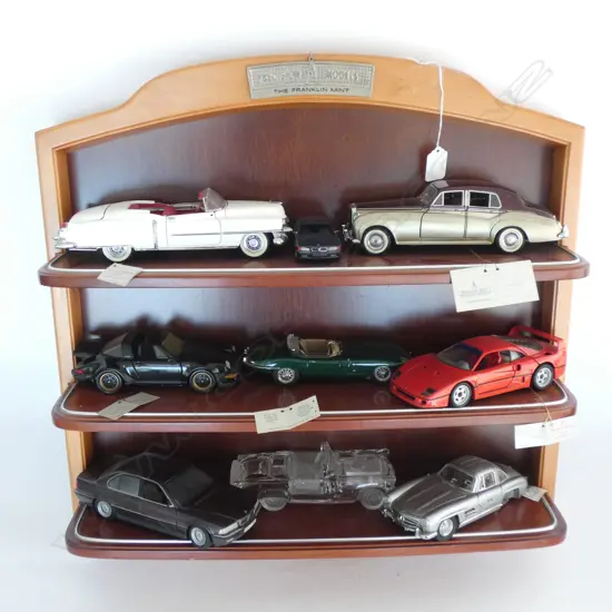 BOX LOT ASST. MODEL CARS + WOODEN DISPLAY RACK