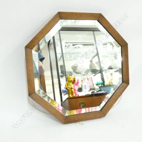 BEVELLED HEXAGONAL MIRROR OAK FRAME W. 365mm dia