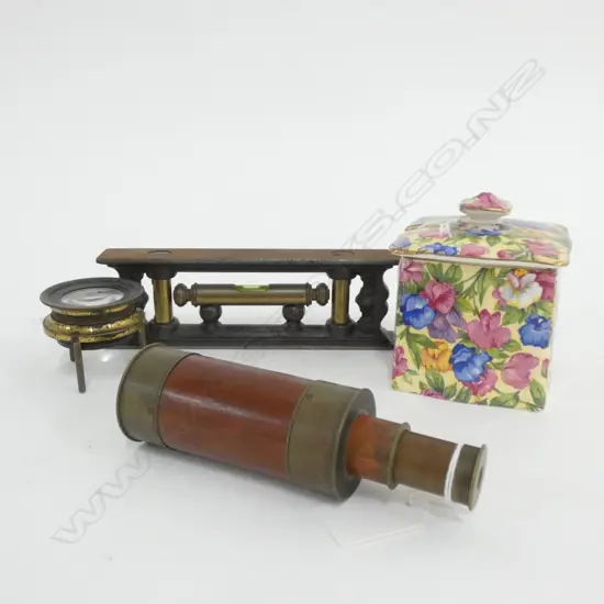 6'' CAST IRON LEVEL, MAP MAGNIFYER, SPYGLASS, R/WINTON CHINTZ SUGAR