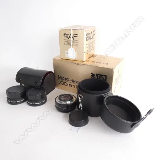 NIKON 200MM F/4 LENS, TC-16A & B TELECONVERTERS + 2 C.P.S TELECONVERTERS ALL CASED