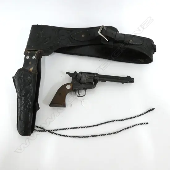 PROP PISTOL IN LEATHER BELT HOLSTER