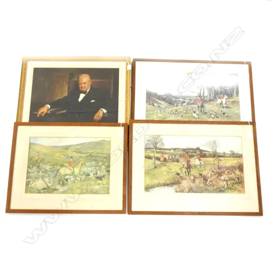 4 PRINTS; CHURCHILL, X3 HUNTING 1 w. GLASS AF 345x590mm
