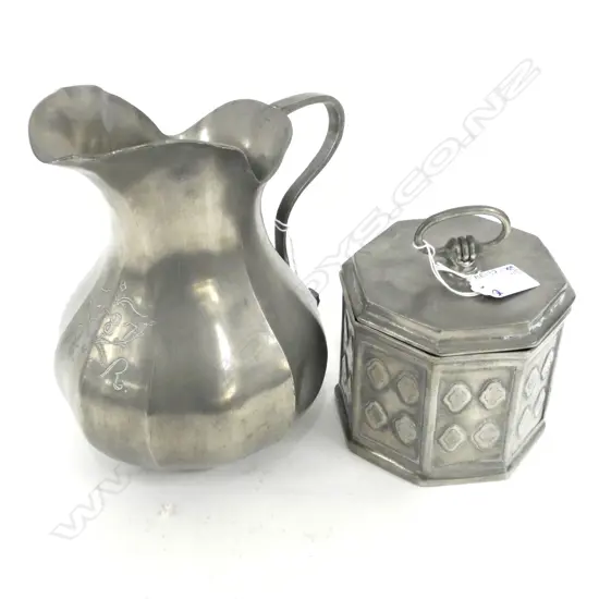 ANTIQUE STYLE PEWTER JUG "1787" + LIDDED TOBACCO BOX