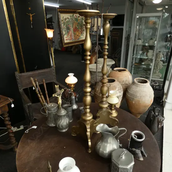 PR LARGE HEAVY BRASS ECCLESIASTICAL FLOOR CANDLE HOLDERS - H. 860MM