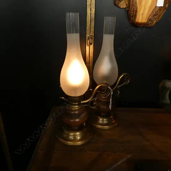 PR WOODEN & BRASS TABLE LAMPS /GLASS SHADES H. 400MM - ONE NEEDS PLUG REWIRED
