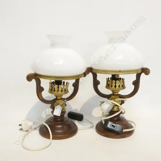 PR WOODEN & BRASS LAMPS WITH WHITE GLASS SHADES H. 360MM