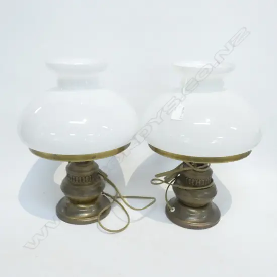 PR BRUSHED BRASS TABLE LAMPS; WHITE GLASS SHADES H. 400 DIA 280MM