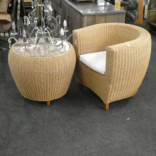 SEAGRASS CAN TUB CHAIR & SIDE TABLE GLASS TOP