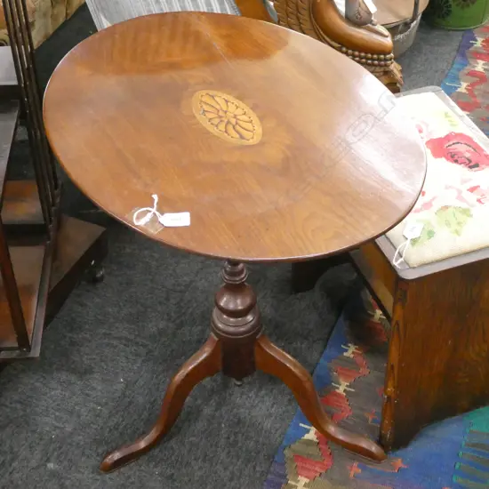 19thC SHERATON MAHOGANY INLAY TILT TOP TABLE AF...