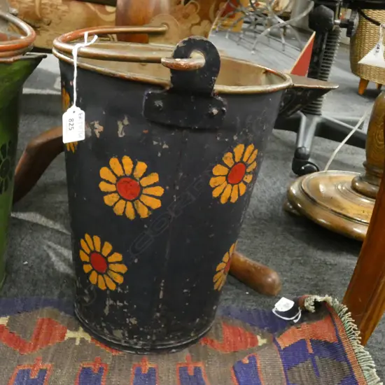 BLUE FLOWER PAINTED VINTAGE METAL BUCKET H.345mm TO RIM