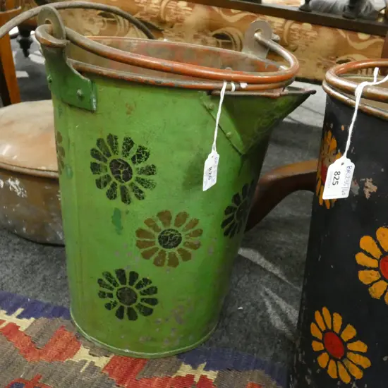 GREEN FLOWER PAINTED VINTAGE METAL BUCKET H.335mm TO RIM