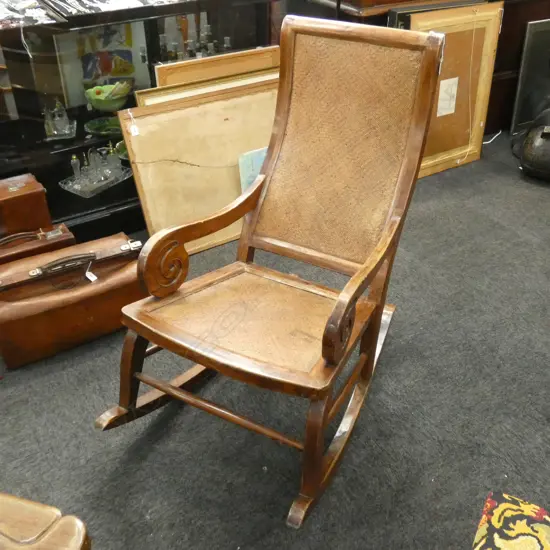TEAK & WOVEN CANE PLANTATION STYLE ROCKING CHAIR