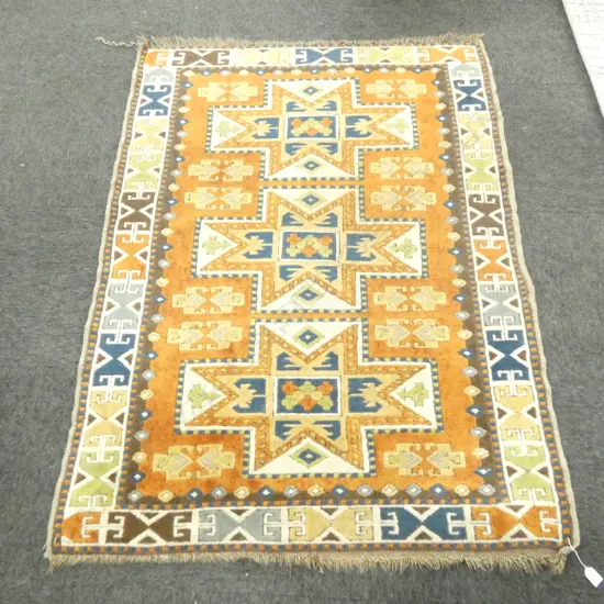 HAND KNOTTED ALL WOOL GEOMETRIC RUG CARAMEL & BLUE TONES...