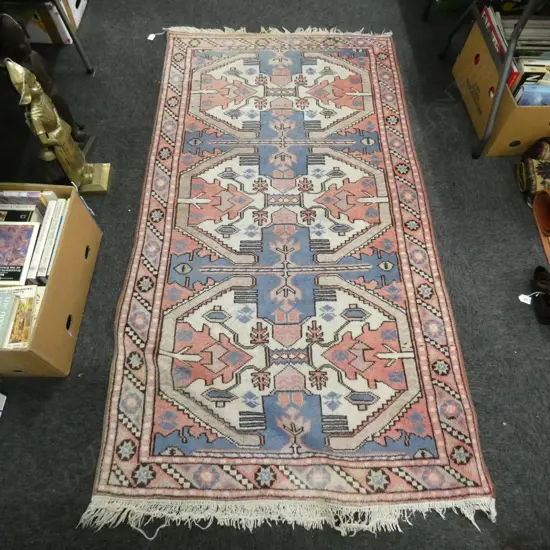 HAND KNOTTED ALL WOOL GEOMETRIC RUG FADED RED BLUE & WHITE 1860x1000mm