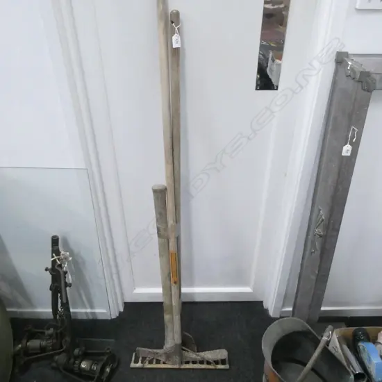 3 VINTAGE GARDEN TOOLS; PICK, RAKE, HOE L.1240mm