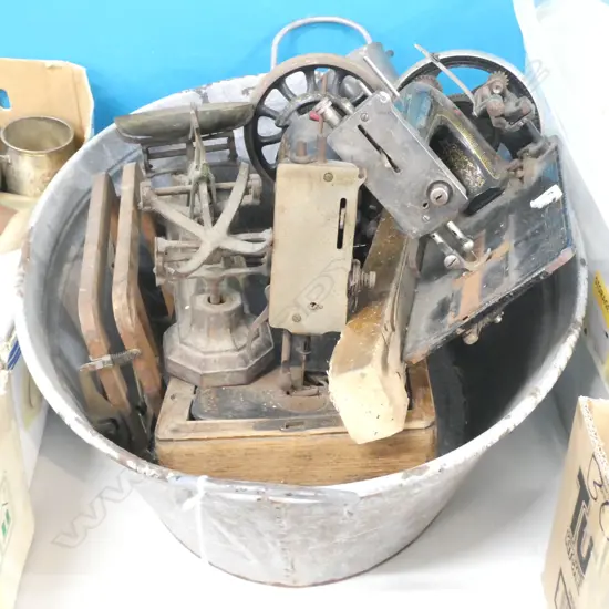 LARGE ENAMEL TUB WITH ASST CONTENTS SEWING MACHINES ETC