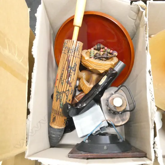 LOT ASST CLOCKS/PARASOL/CARVINGS/AVON BOTTLES ETC