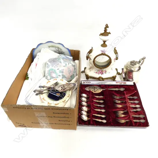 BOX LOT LINENS, ROD CUTLERY, CERAMICS ETC