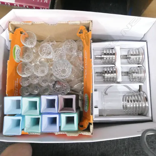 BOX LOT ASST. GLASSES, VASES, COFFEE SET 