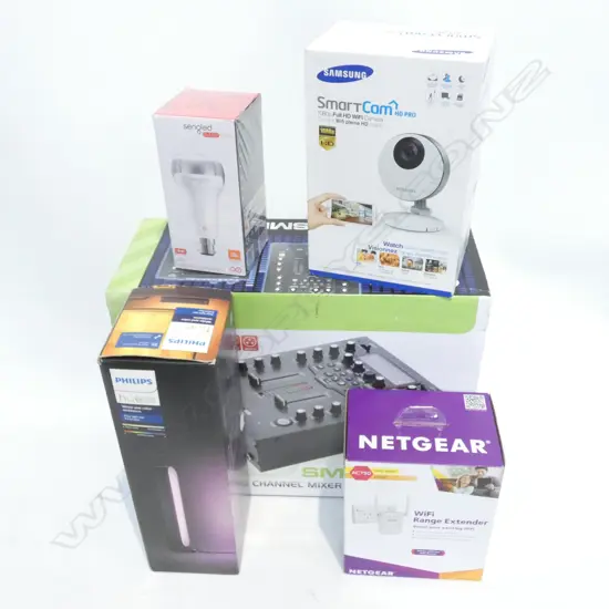 BOX LOT ASST. TECHNOLOGY; HUE LIGHT BAR, LED WIRELESS SPEAKER, WIFI EXTENDER, CAMERA ETC