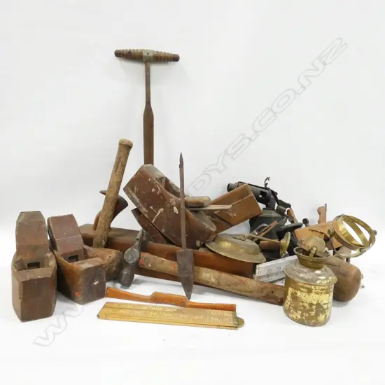 BOX LOT PLANES, MALLET, BLOW LAMP, RULERS ETC