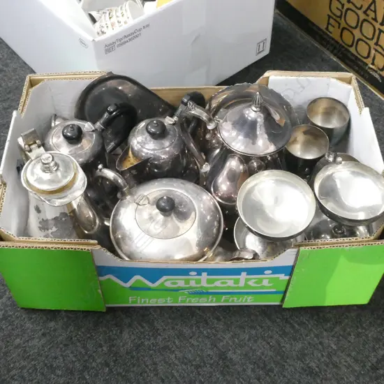 BOX LOT ASST. EPNS TEAPOTS ETC