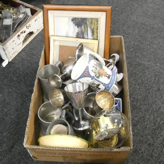 BOX LOT EPNS, ART, CLOCK ETC