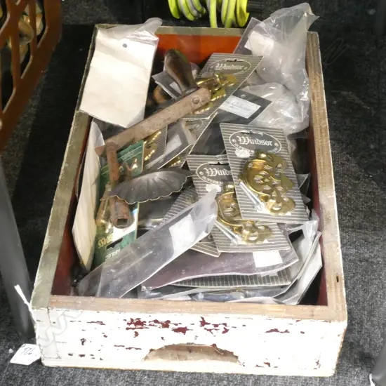 BOX LOT ASST. FURNITURE PCES, HANDLES ETC