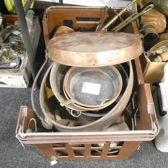 ASST COPPER + BRASS PANS/CAST IRON ETC