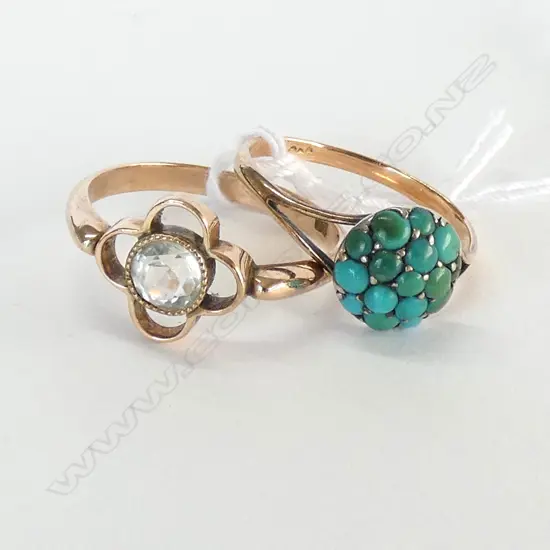 9ct GOLD TURUOISE RING + 9ct SPINEL (OR TOPAZ) RING. TOTAL 3.6gm