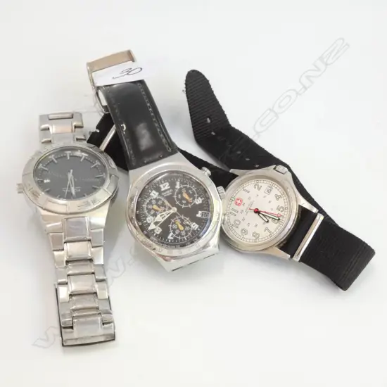 3 GENTS WATCHES; FOSSIL, SWISS MILITARY, SWATCH