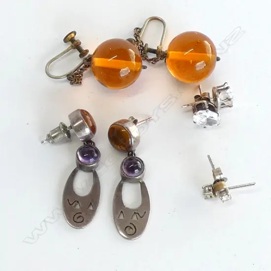 4 PR EARRINGS, STG CZ, STG DIAMONDS, STG CITRINE & AMETHYST, ROLLED GOLD & AMBER(?)