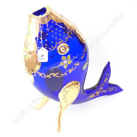 LG BLUE & GILT FORMENTE? GLASS FISH VASE,  SIGNED TO BASE C/464 93/0125,  H.305MM