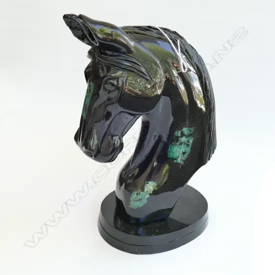 EMERALD SCHIST CARVED HORSES HEAD  ears repaired H.250mm
