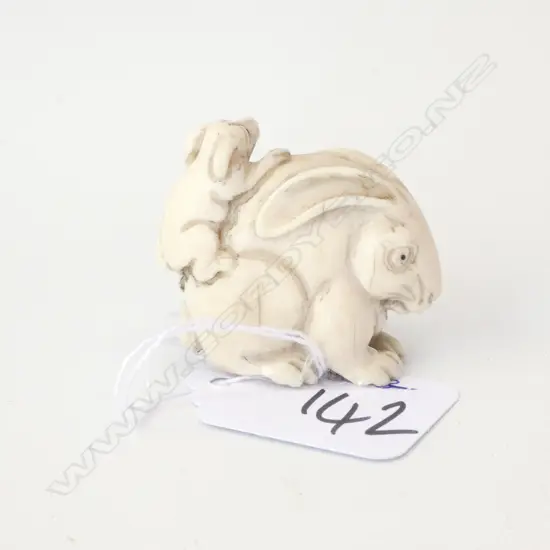 IVORY NETSUKE HARE WITH PUPPY ON BACK