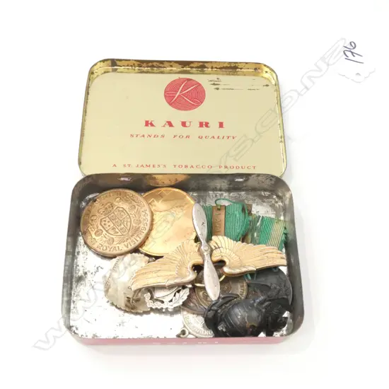 KAURI TIN WITH ASST MEDALS/BADGES ETC