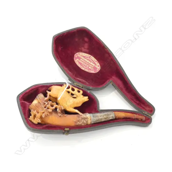CARVED MEERSCHAUM PIPE IN CASE, LABELED FRO ROBBERT SINCLAIR, NEWCASTLE-ON-TYNE, MOTHPIECE REPAIRED 