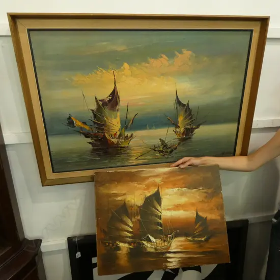 TWO SIGNED OILS OF CHINESE JUNKS ONE UNFRAMED LARGEST 1020 X 700MM