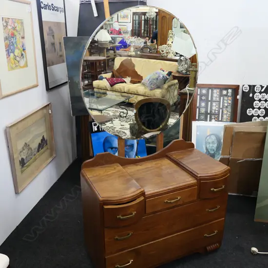 ART DECO OAK DRESSER WITH CIRCULAR MIRROR 1780MM H 980MM W