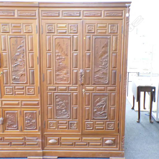 LARGE KOREAN HARDWOOD CARVED CUPBOARD 2000 X 1070